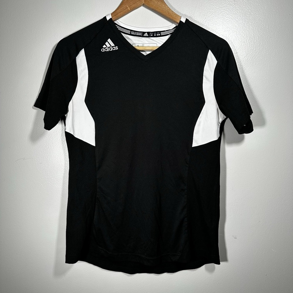 NWOT Adidas Boys Medium Climalite Poly Shirt Black White VNeck‎ Longer Tail